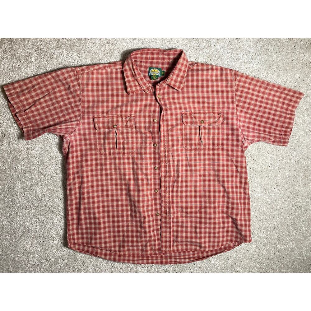 Cabela's Outdoor Gear Men Button Up Short Sleeve Shirt 2XL Red White 100% Cotton